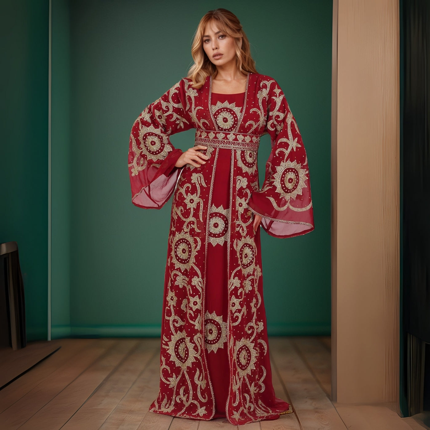 Radiant Red Embroidered Kaftan