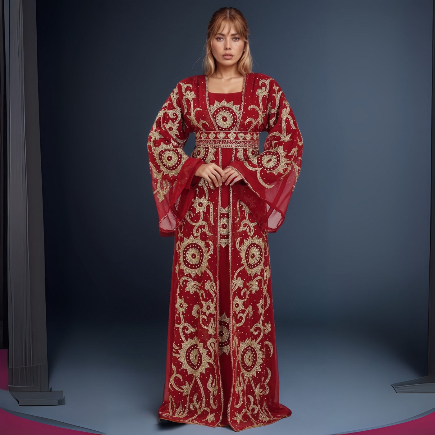 Radiant Red Embroidered Kaftan