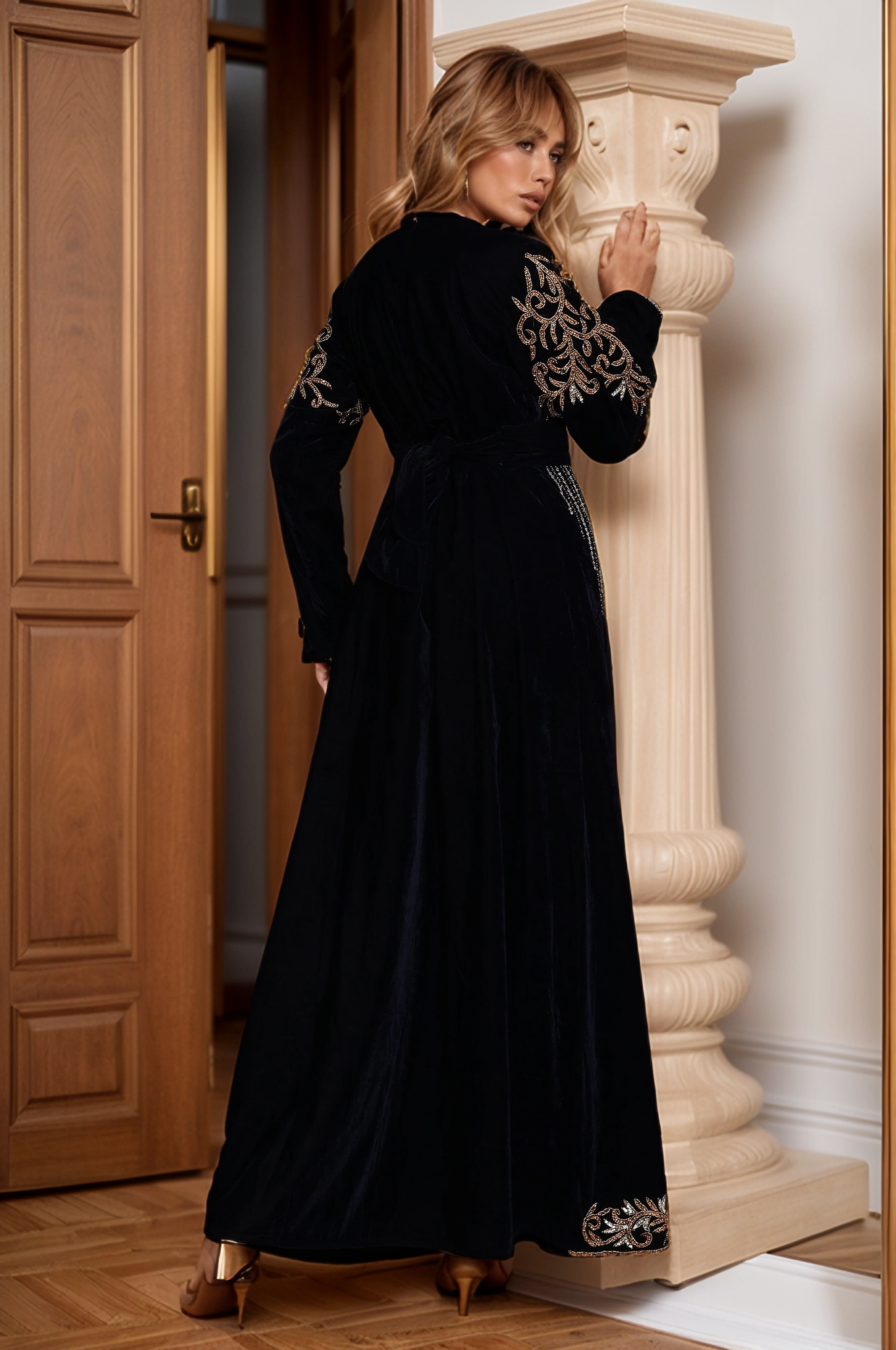 Majestic Black Velvet Kaftan with Golden Embroidery
