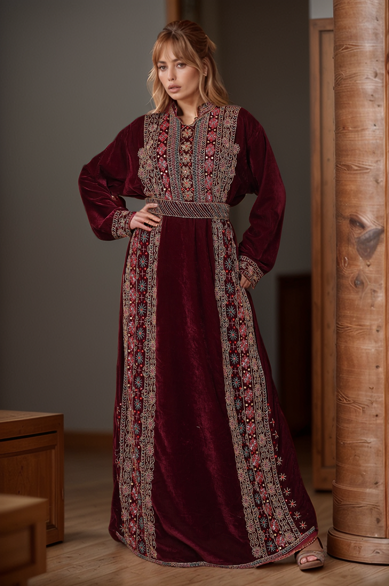 Regal Burgundy Embroidered Kaftan