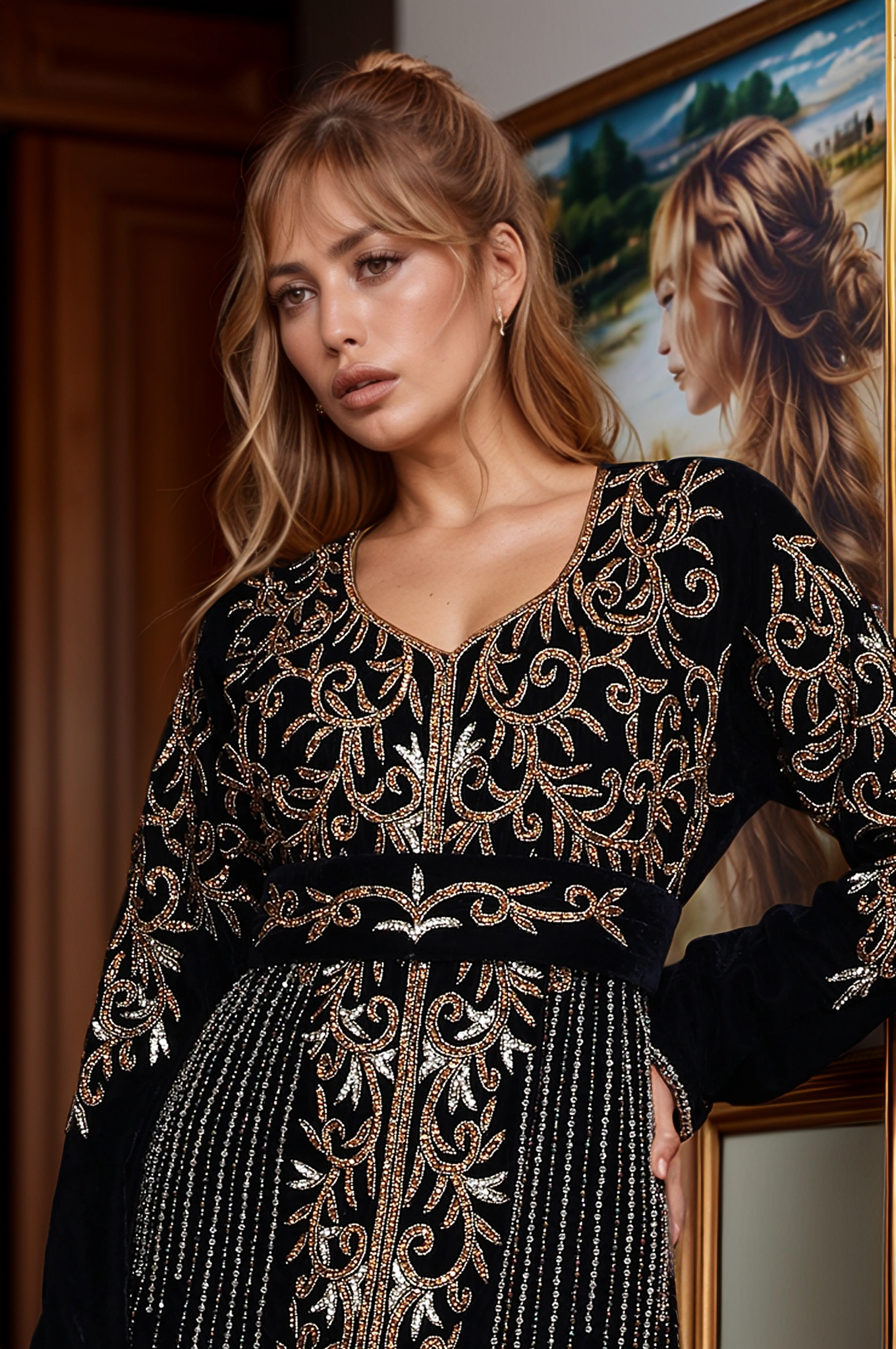 Majestic Black Velvet Kaftan with Golden Embroidery