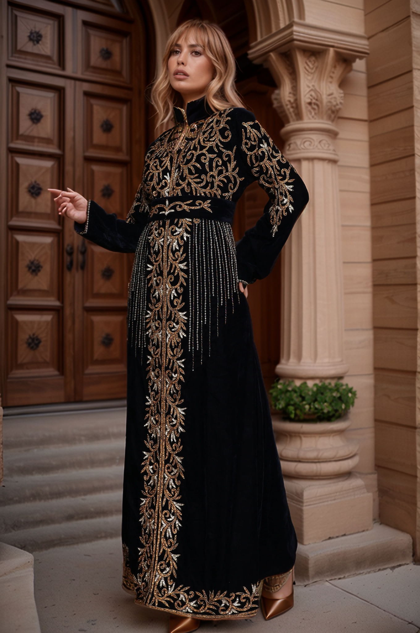 Majestic Black Velvet Kaftan with Golden Embroidery