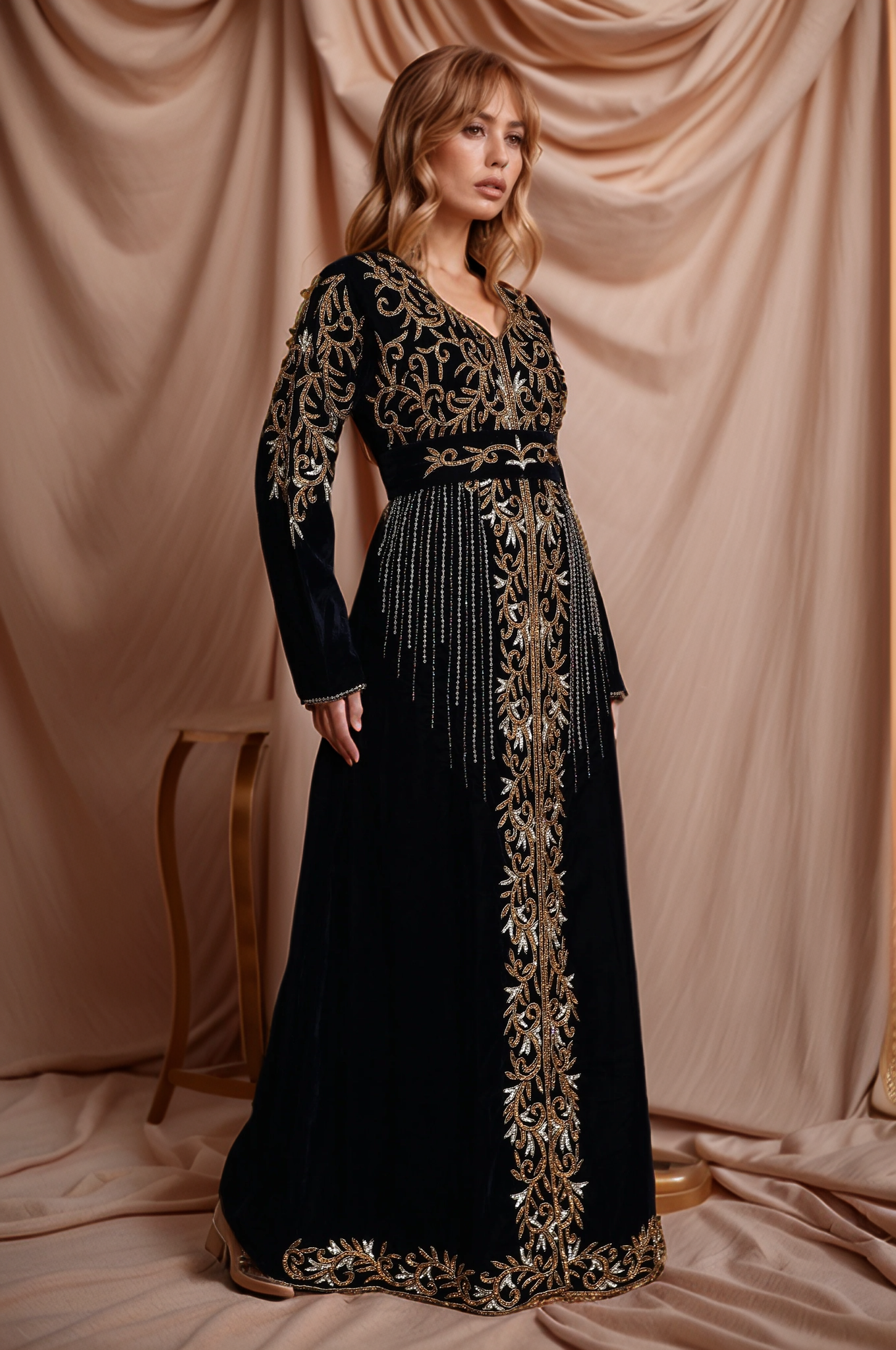 Majestic Black Velvet Kaftan with Golden Embroidery