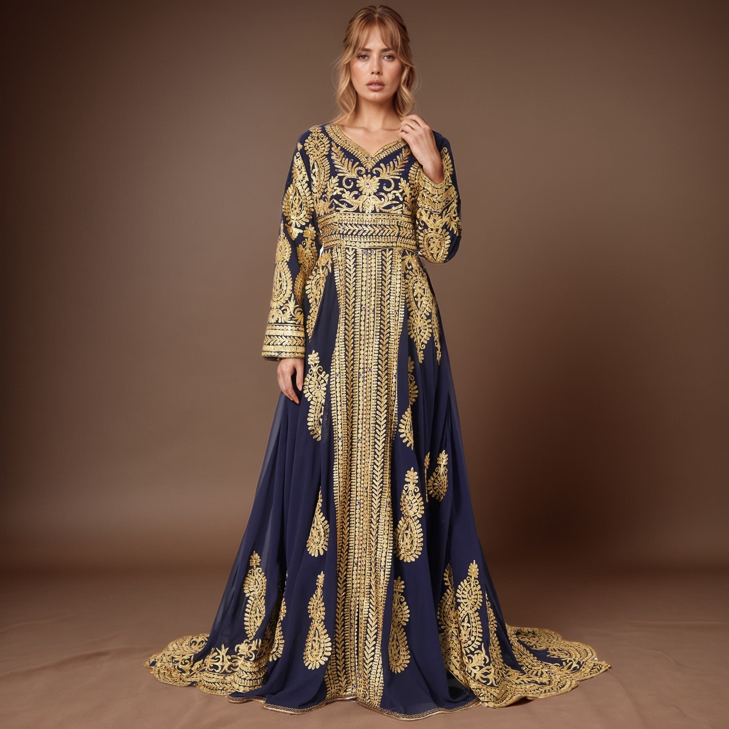 Royal Moroccan Kaftan - Navy Gold Elegance