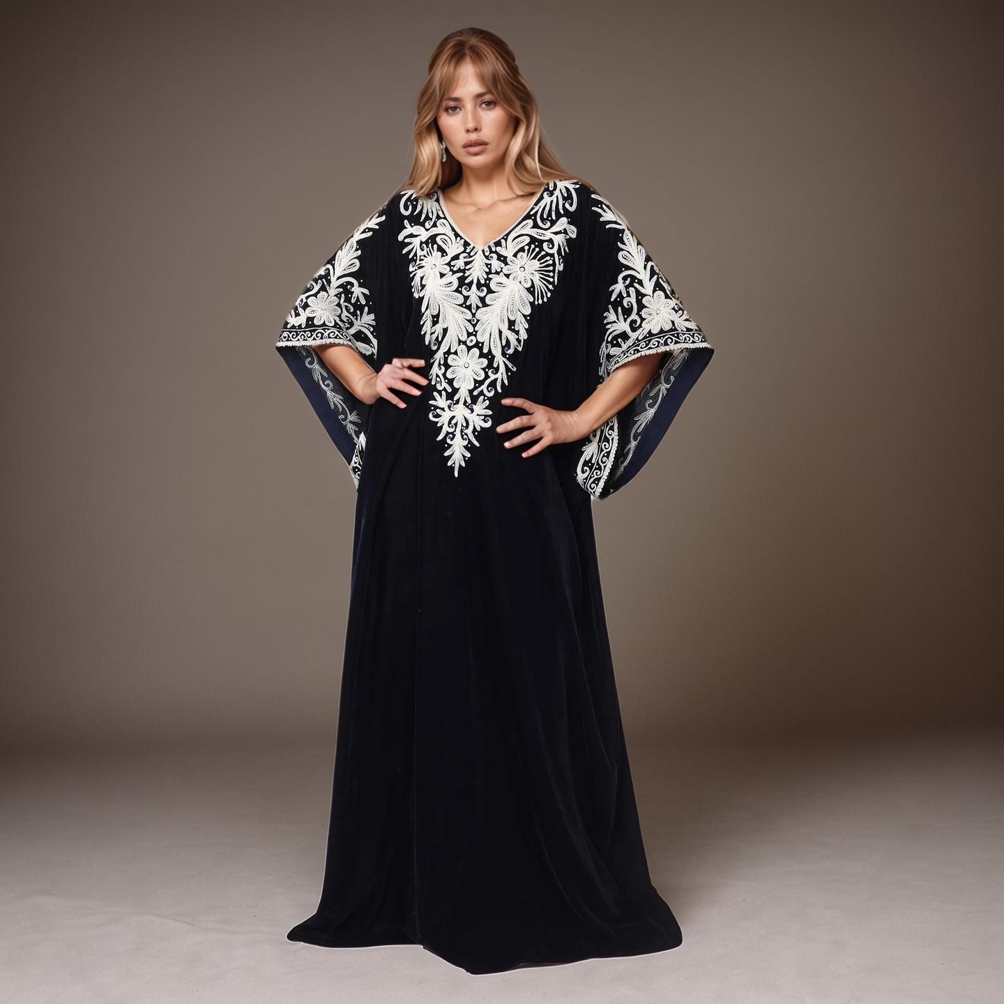 Majestic Black Velvet Kaftan with Embroidered Elegance