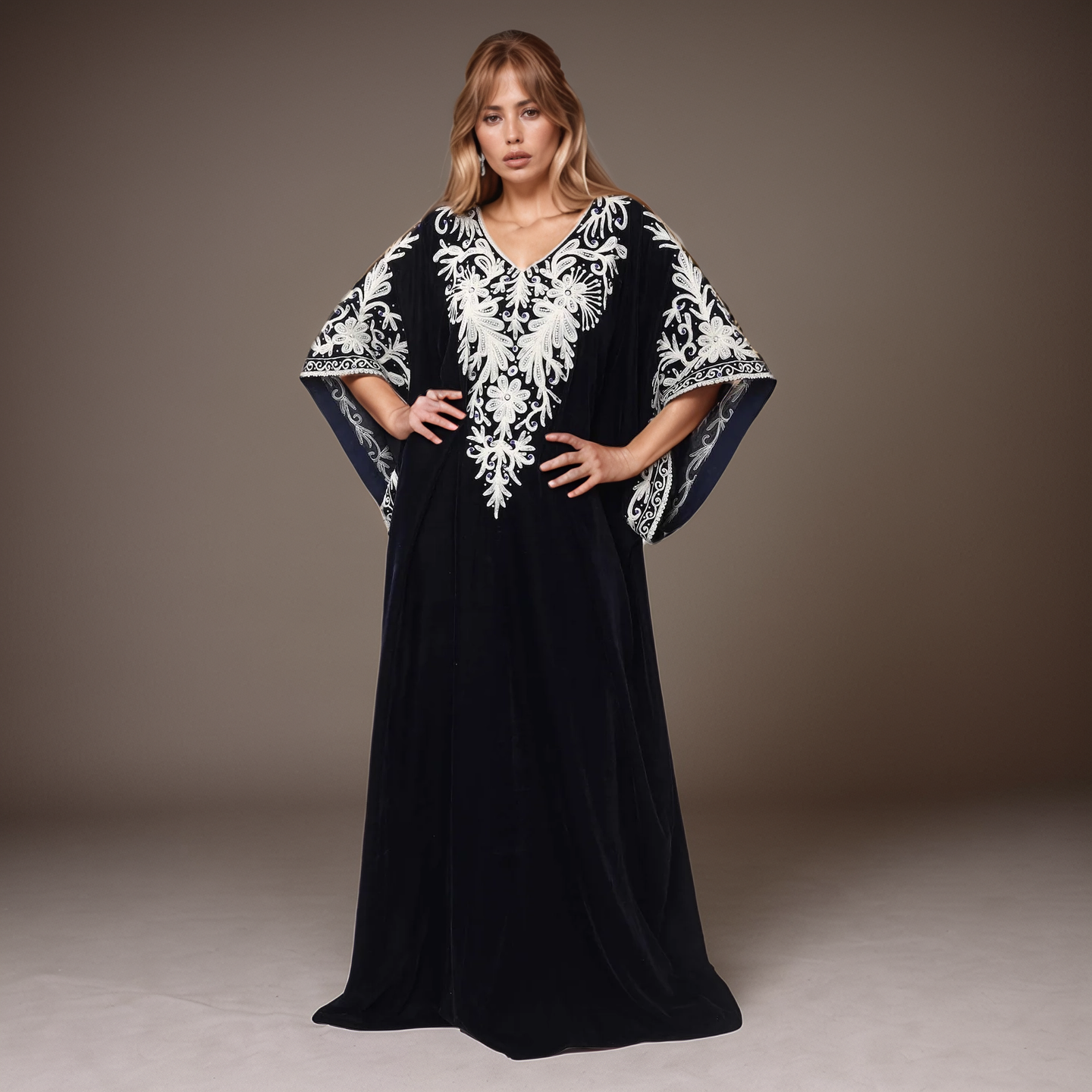 Majestic Black Velvet Kaftan with Embroidered Elegance