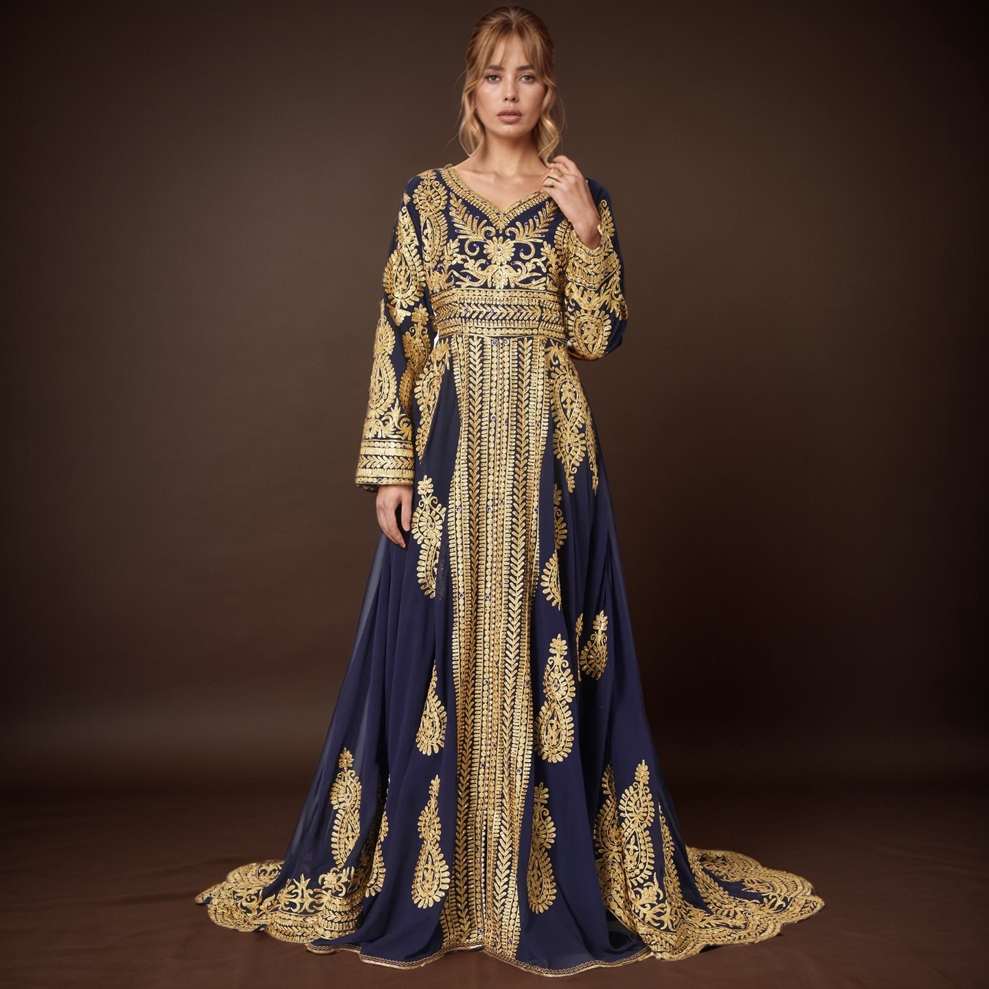 Royal Moroccan Kaftan - Navy Gold Elegance