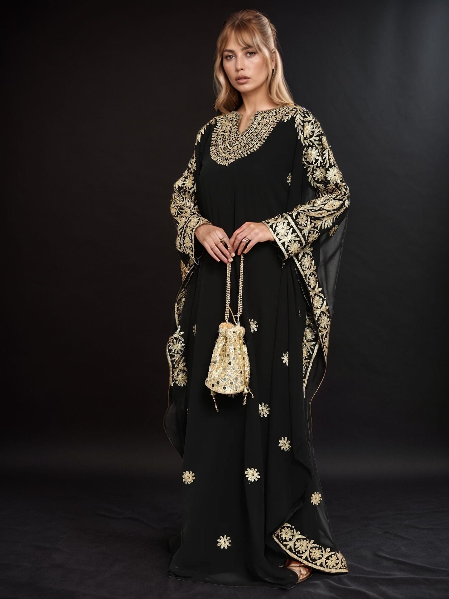 Regal Black Gold Embroidered Kaftan