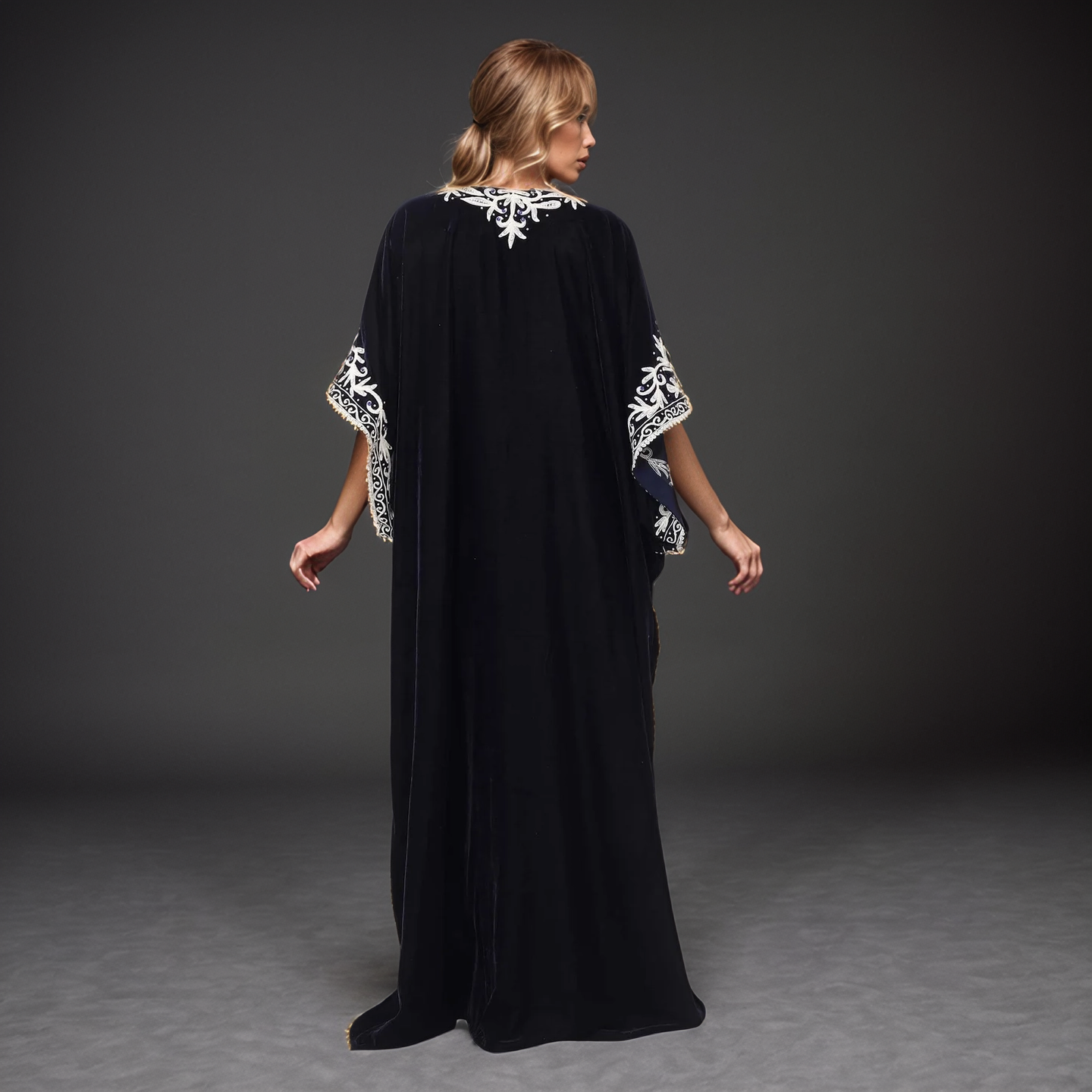 Majestic Black Velvet Kaftan with Embroidered Elegance