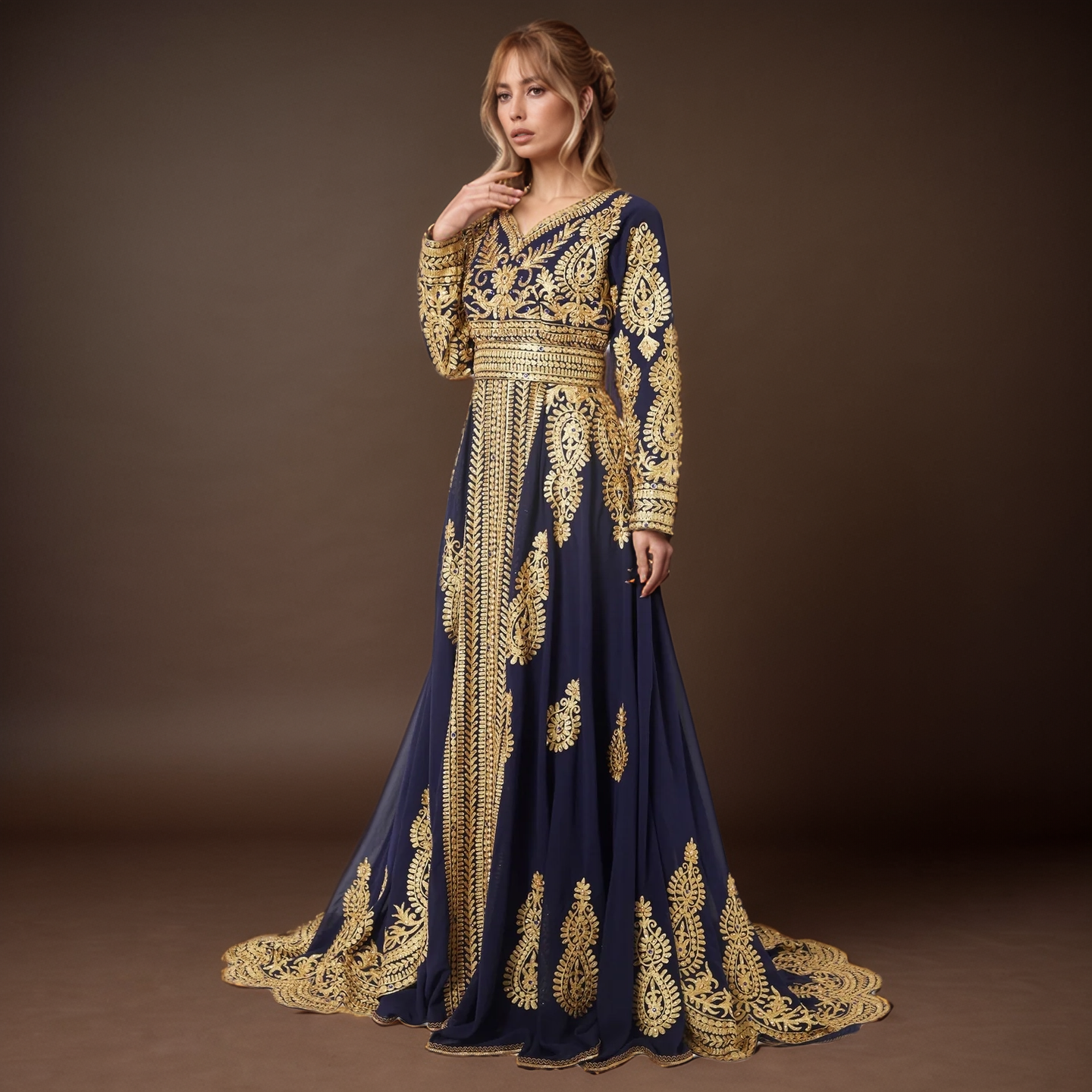 Royal Moroccan Kaftan - Navy Gold Elegance