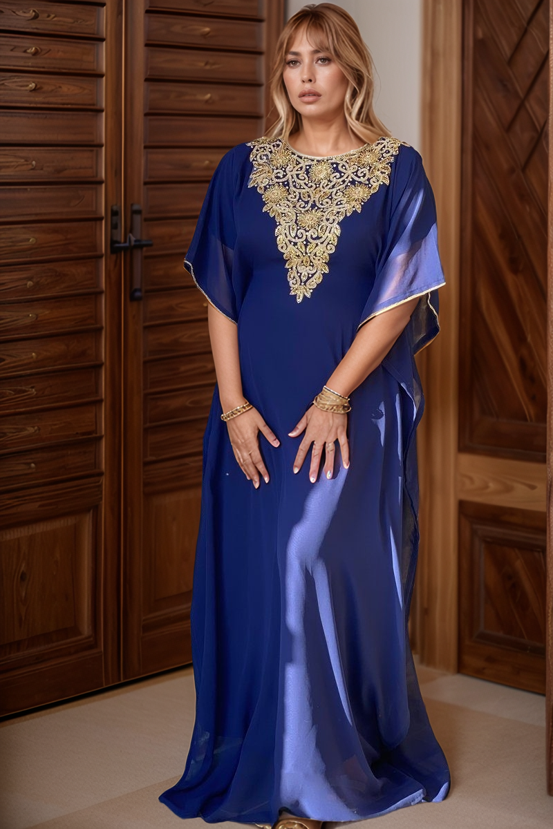 Stunning Navy Blue Kaftan with Intricate Gold Sequin Embellishments