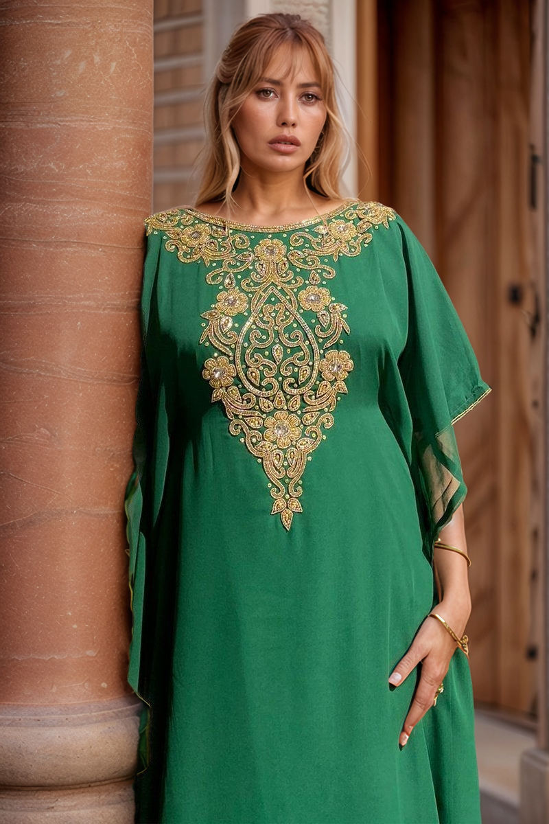Emerald Green & Gold Embroidered Kaftan Dress | Moroccan Style Caftan with Sequin Embellishments