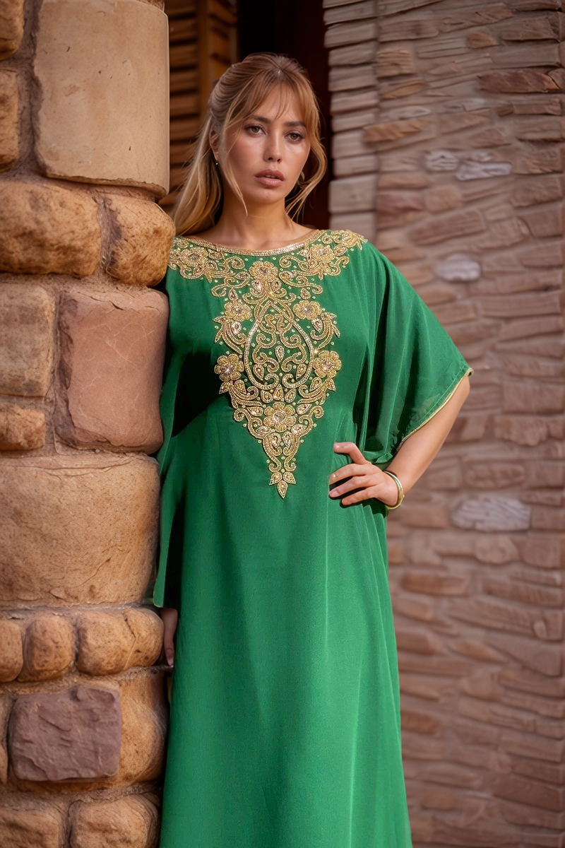 Emerald Green & Gold Embroidered Kaftan Dress | Moroccan Style Caftan with Sequin Embellishments
