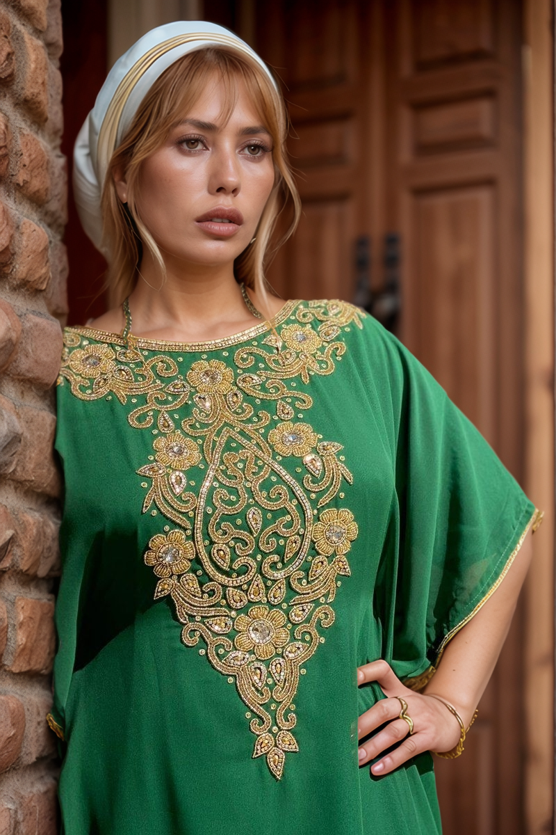 Emerald Green & Gold Embroidered Kaftan Dress | Moroccan Style Caftan with Sequin Embellishments