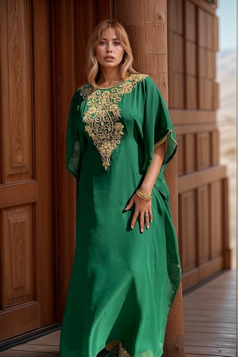 Emerald Green & Gold Embroidered Kaftan Dress | Moroccan Style Caftan with Sequin Embellishments