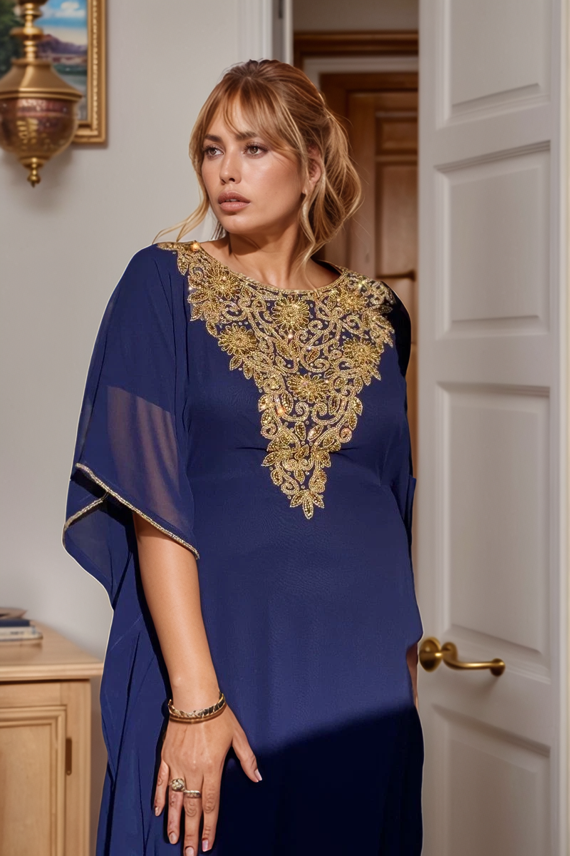 Stunning Navy Blue Kaftan with Intricate Gold Sequin Embellishments