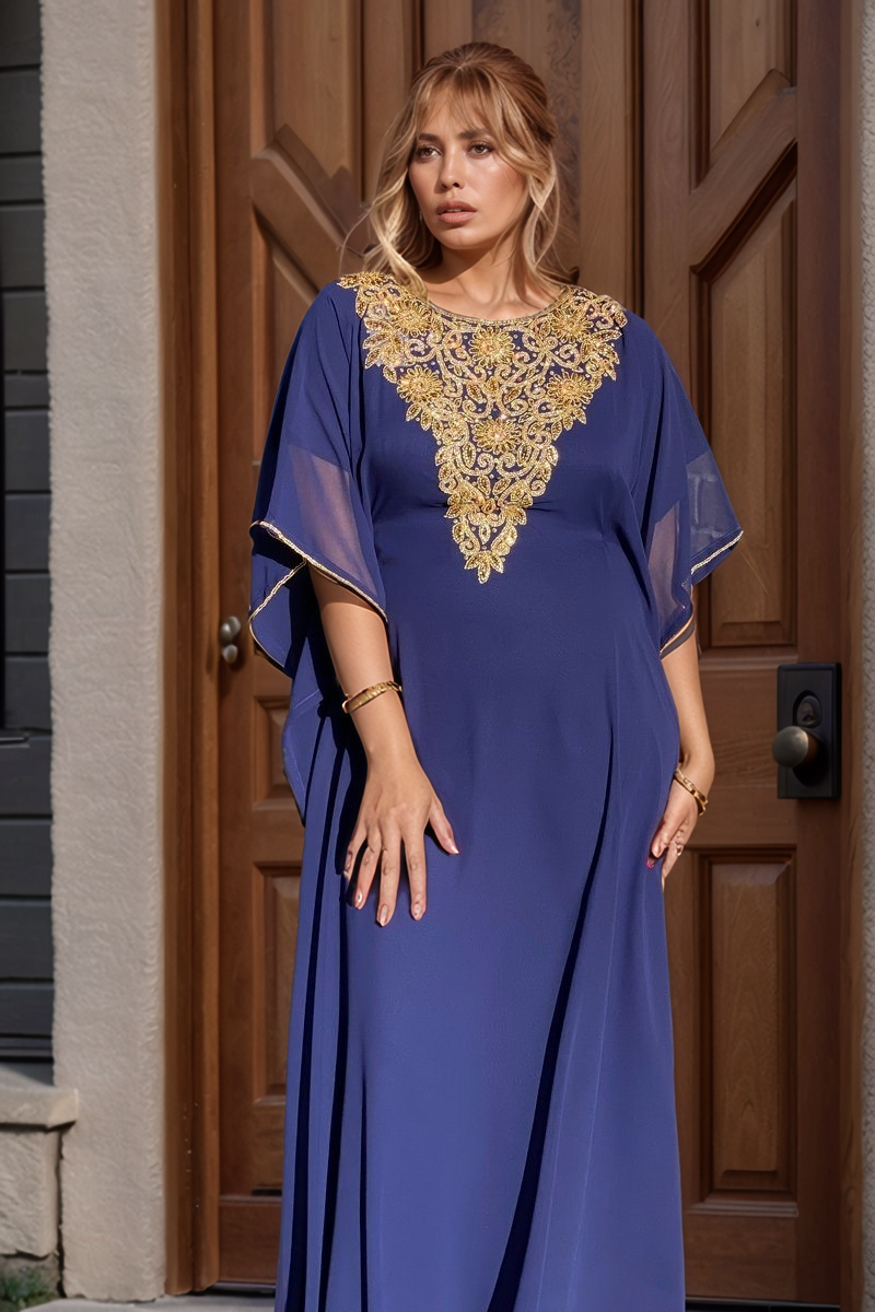 Stunning Navy Blue Kaftan with Intricate Gold Sequin Embellishments