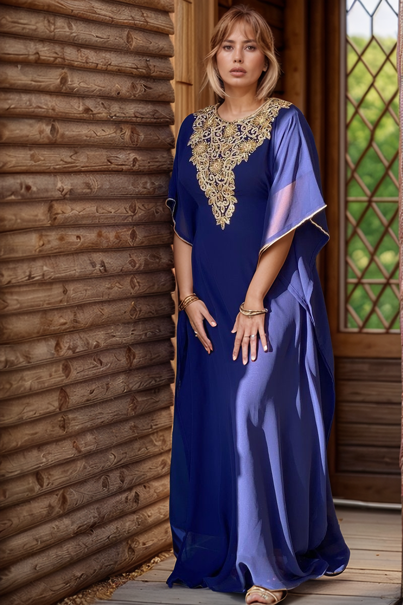 Stunning Navy Blue Kaftan with Intricate Gold Sequin Embellishments