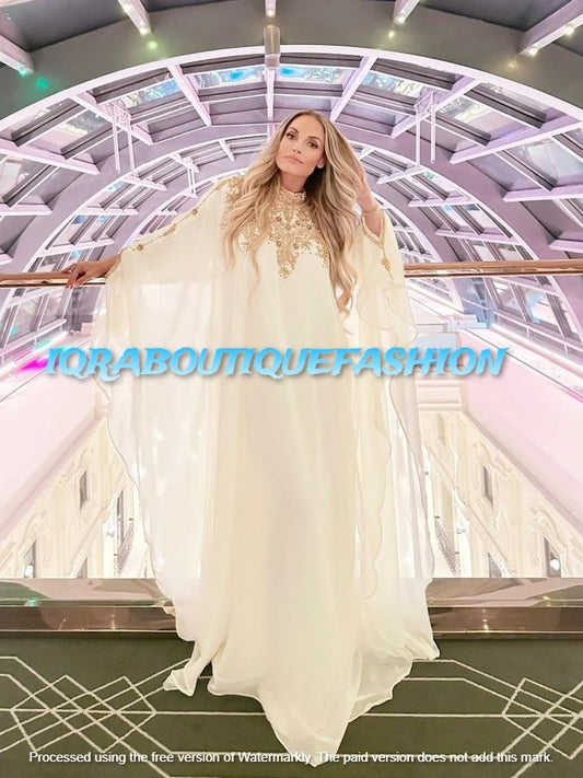 White Maxi Formal Beaded Abaya Dubai Moroccan Kaftan for Women