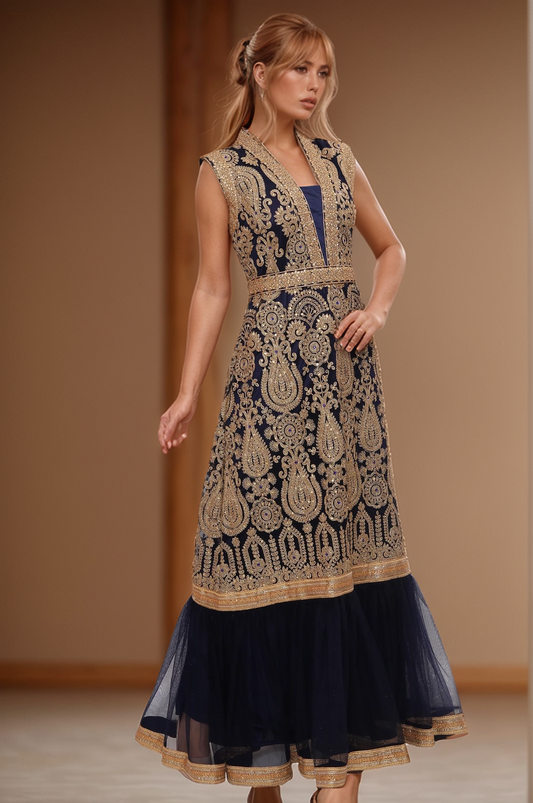 Royal Navy Anarkali Suit with Free Scarf