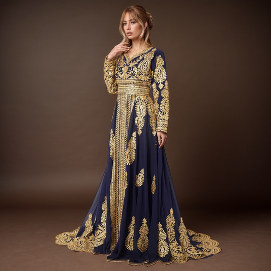 Royal Moroccan Kaftan - Navy Gold Elegance