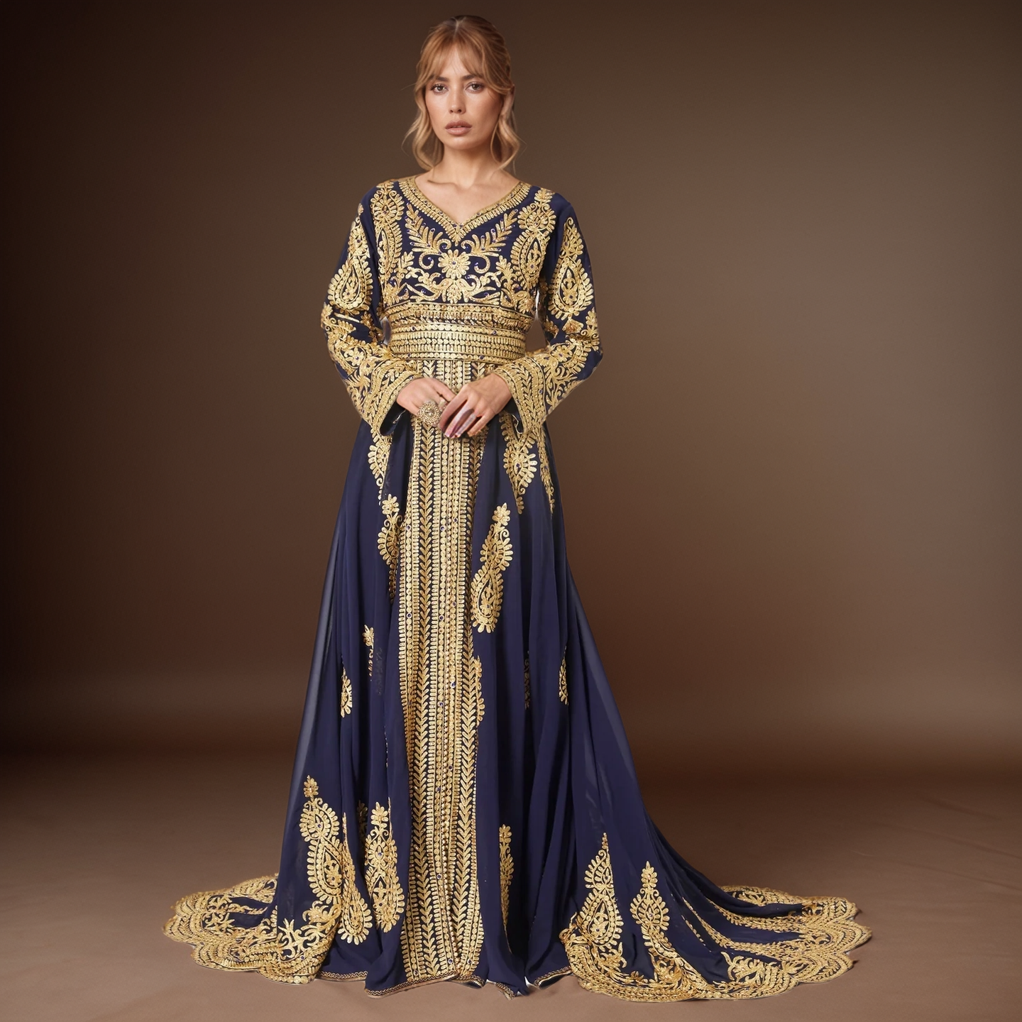 Royal Moroccan Kaftan - Navy Gold Elegance