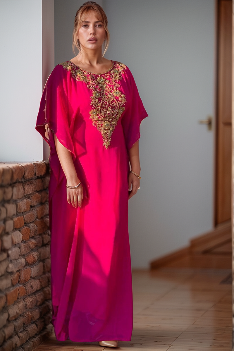 Fuchsia Pink Embroidered Kaftan Dress - Plus Size Maxi Gown