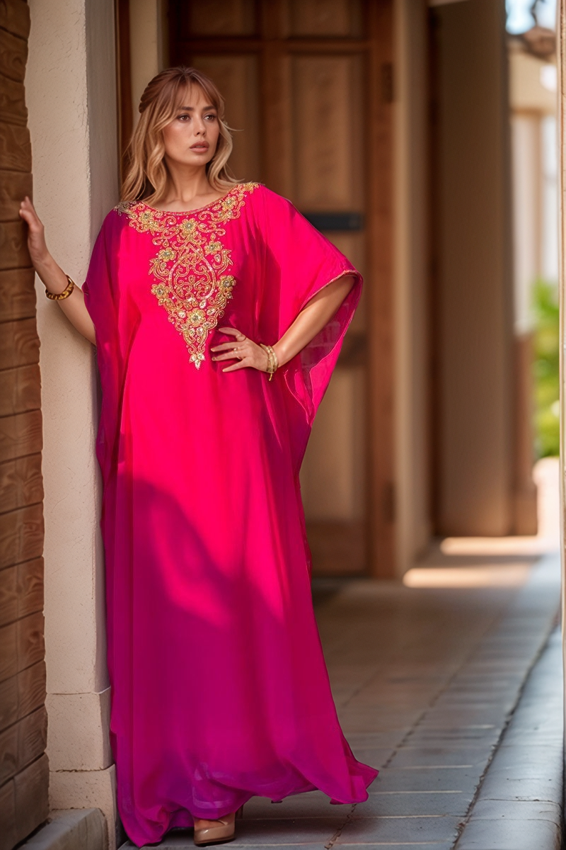 Fuchsia Pink Embroidered Kaftan Dress - Plus Size Maxi Gown