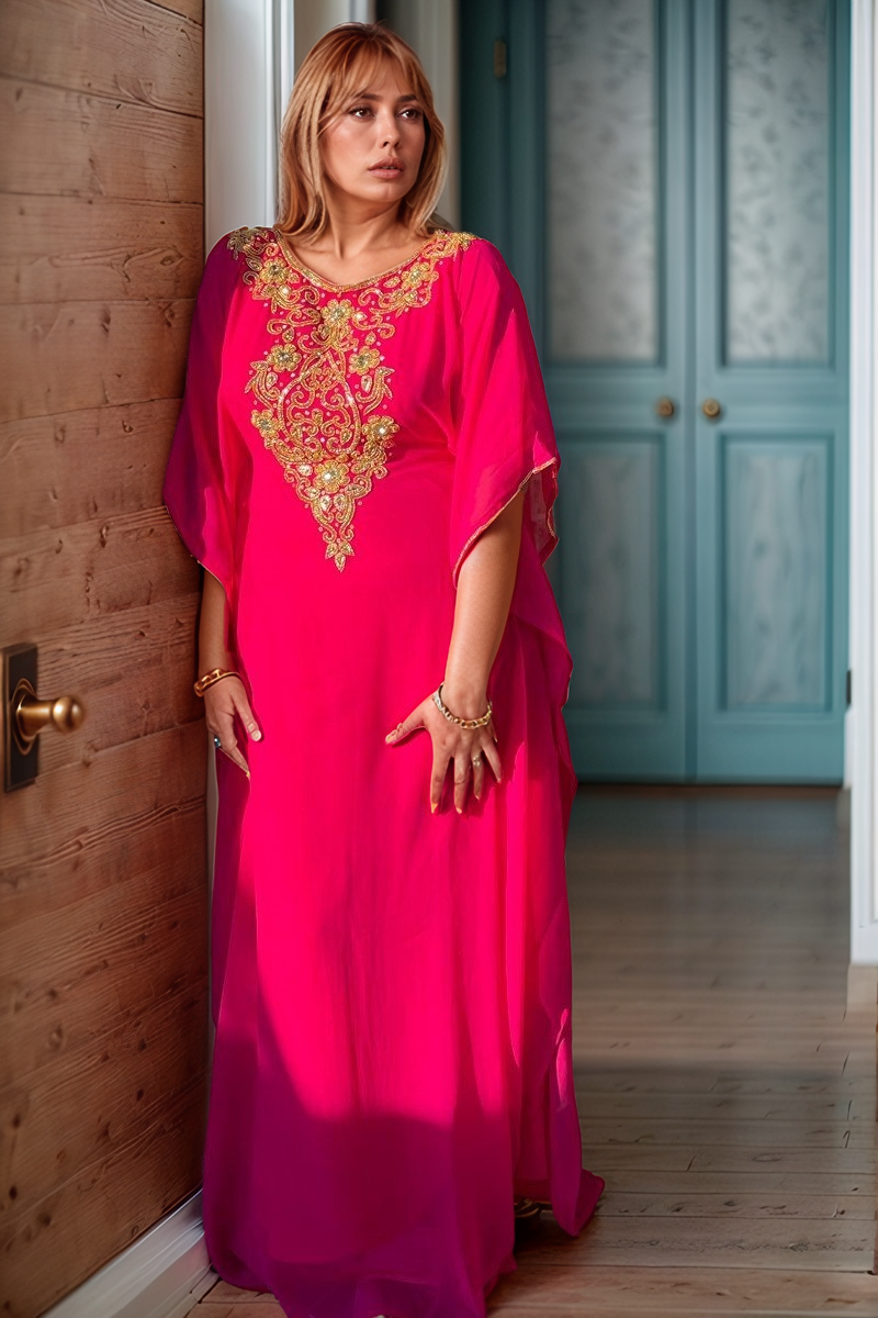 Fuchsia Pink Embroidered Kaftan Dress - Plus Size Maxi Gown