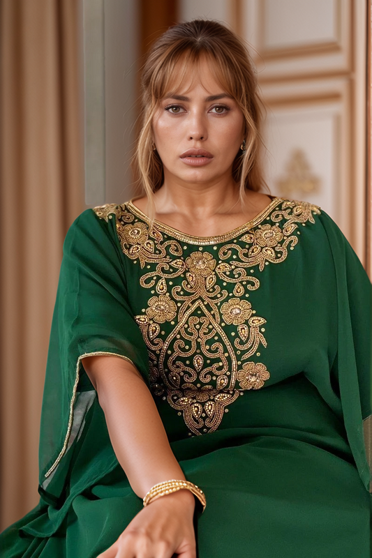Emerald Green & Gold Embroidered Kaftan Dress | Moroccan Style Caftan with Sequin Embellishments