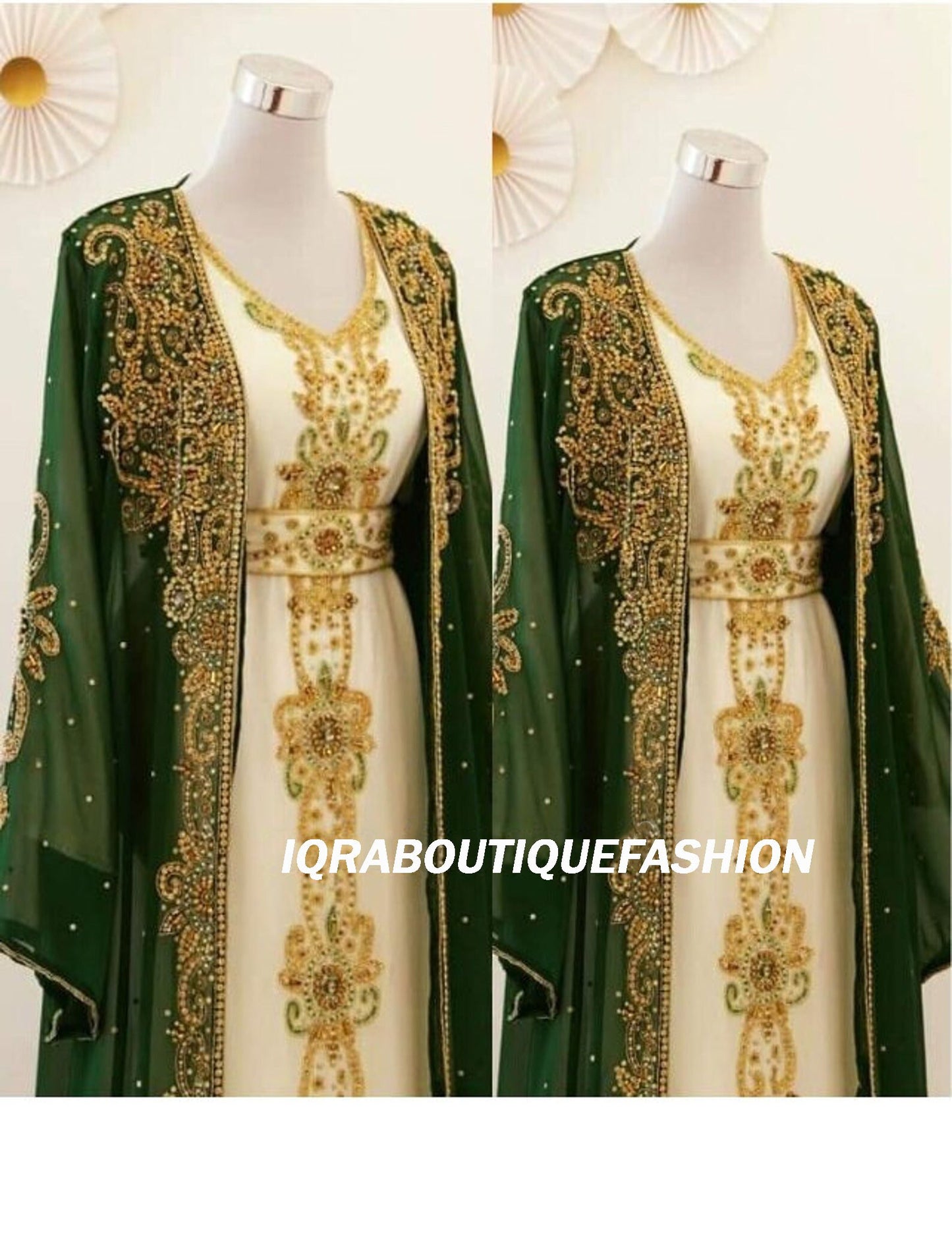 White Maxi Formal Beaded Abaya Dubai Moroccan Kaftan for Women