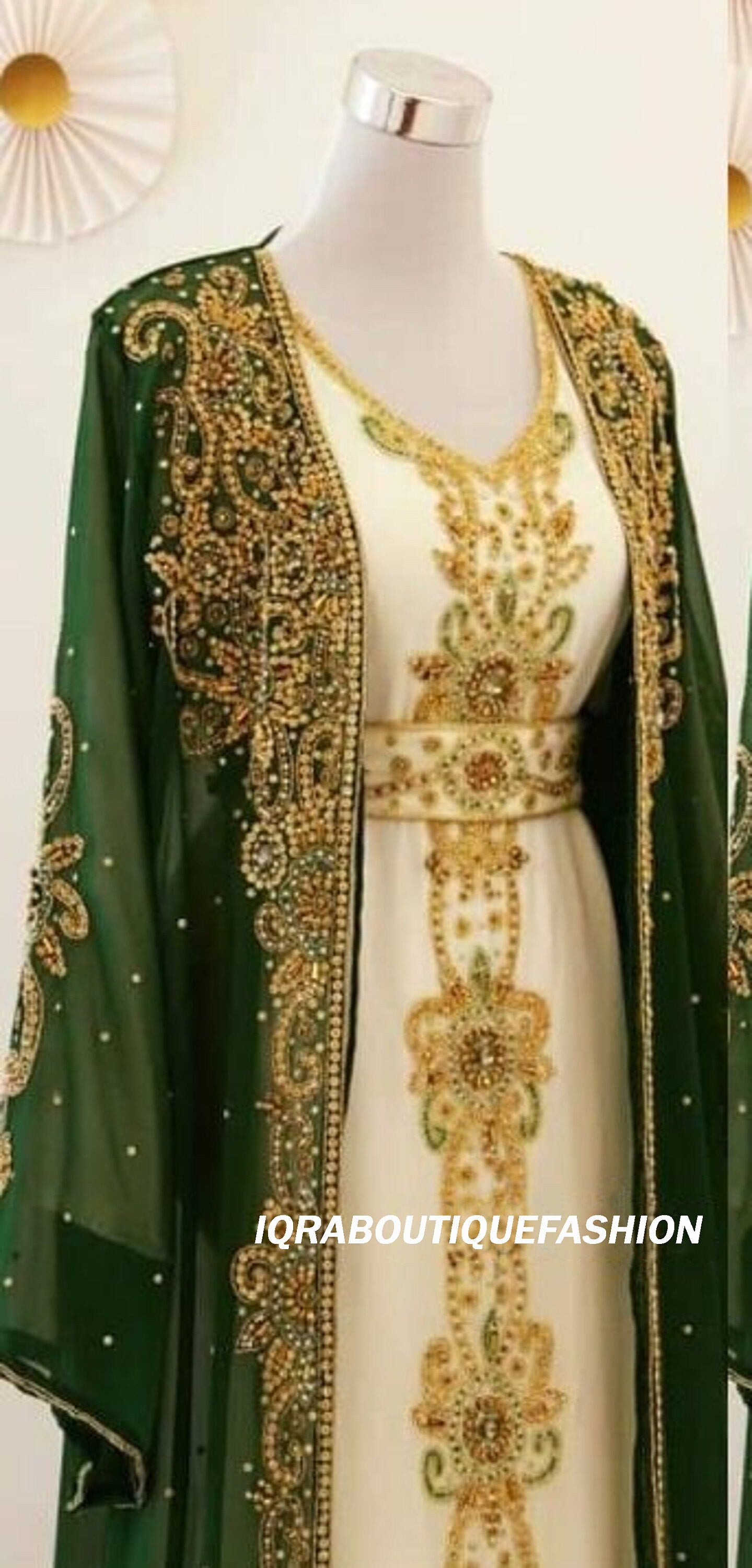 White Maxi Formal Beaded Abaya Dubai Moroccan Kaftan for Women