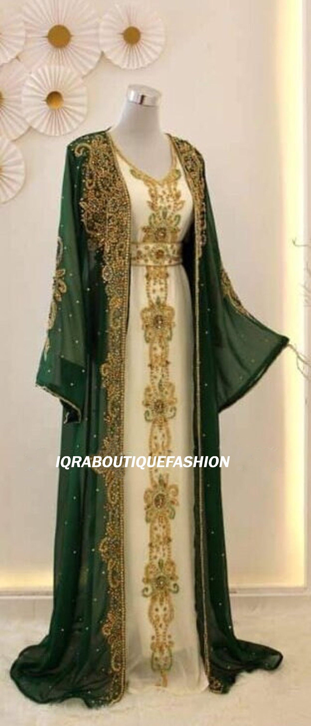 White Maxi Formal Beaded Abaya Dubai Moroccan Kaftan for Women